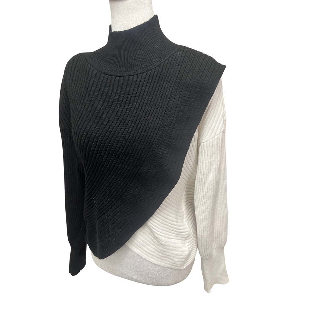 Express Colorblock Ribbed Mock Neck Sweater Women Sz L Black White Asymmetric